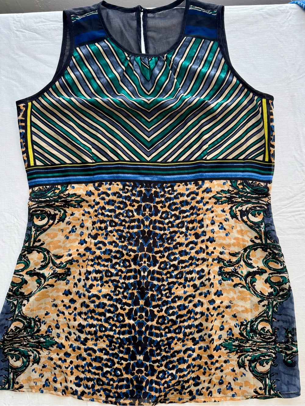 CAbi Buchanan Mixed-Print Sleeveless Top in Blue, Green & Tan
